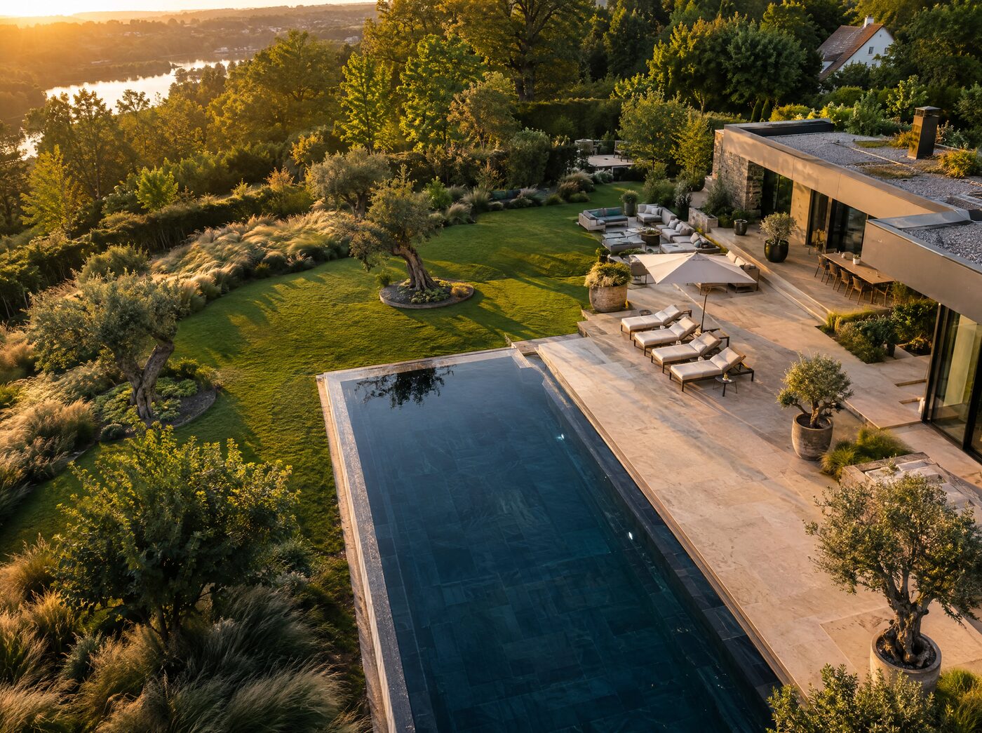 Contemporain avec piscine, vue aérienne