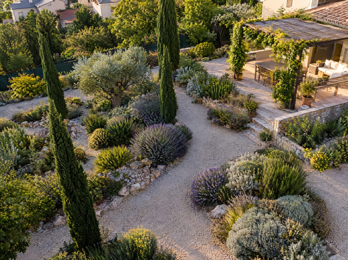 Jardin sec méditerranéen, vue aérienne